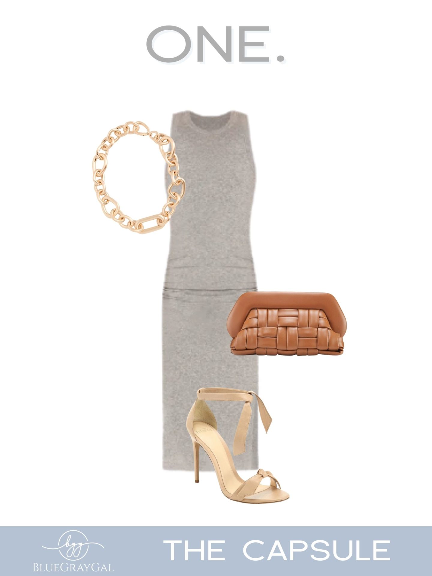 A spring travel capsule wardrobe with gray dress, leather handbag and nude sandals.