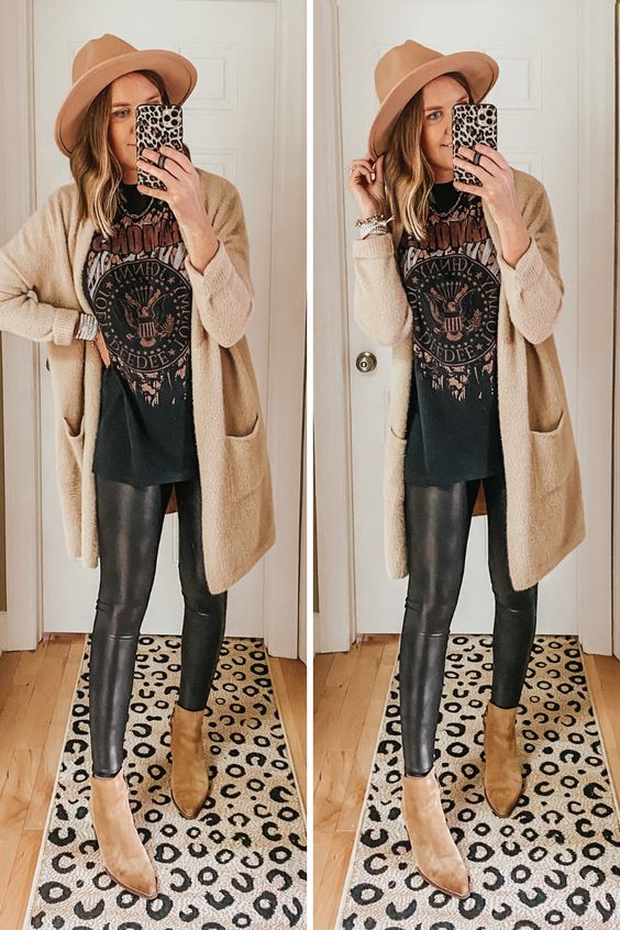Graphic tee and leather leggings outfit.