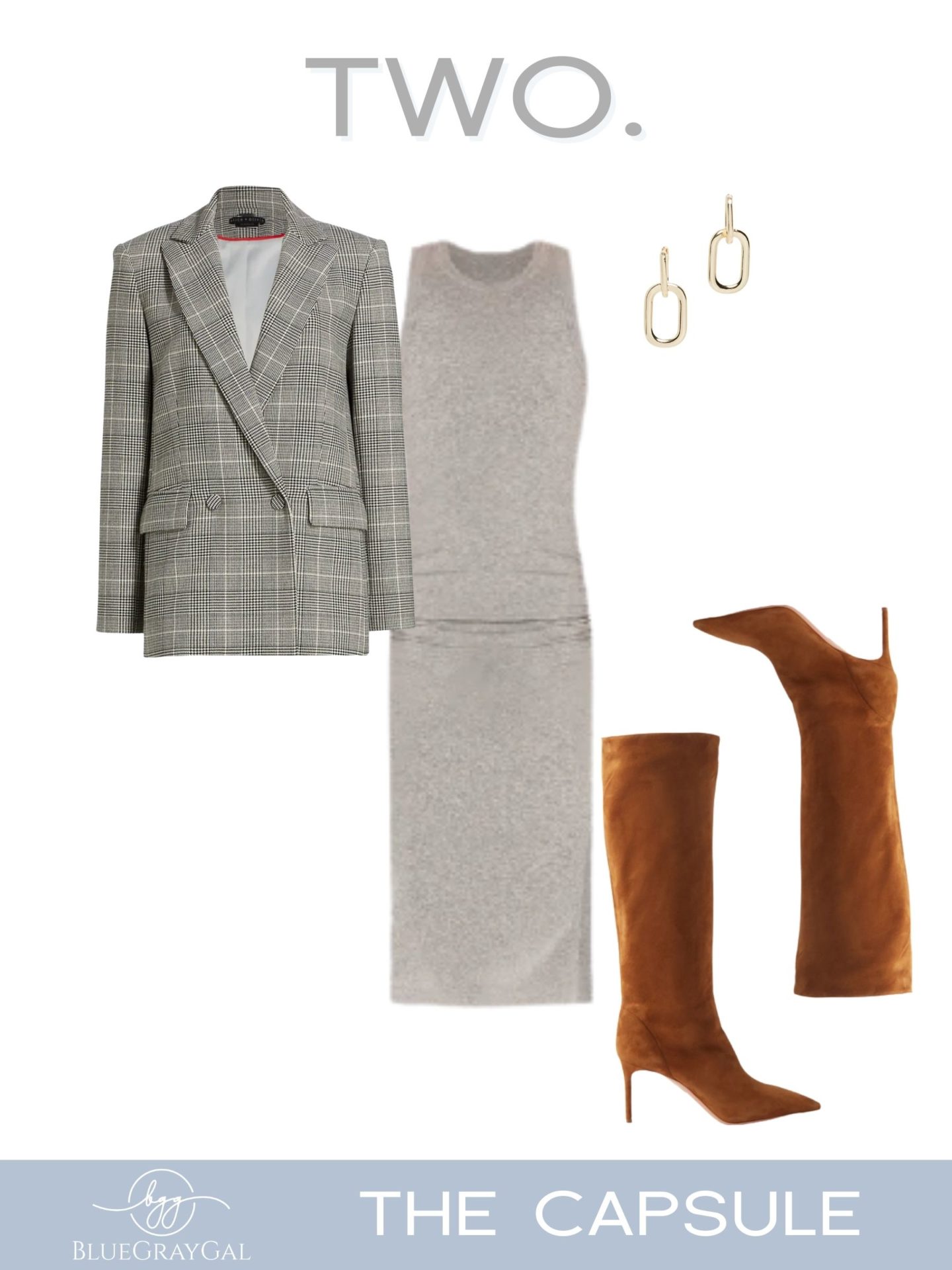 A travel capsule wardrobe outfit idea with fall boots, blazer and sleeveless dress.