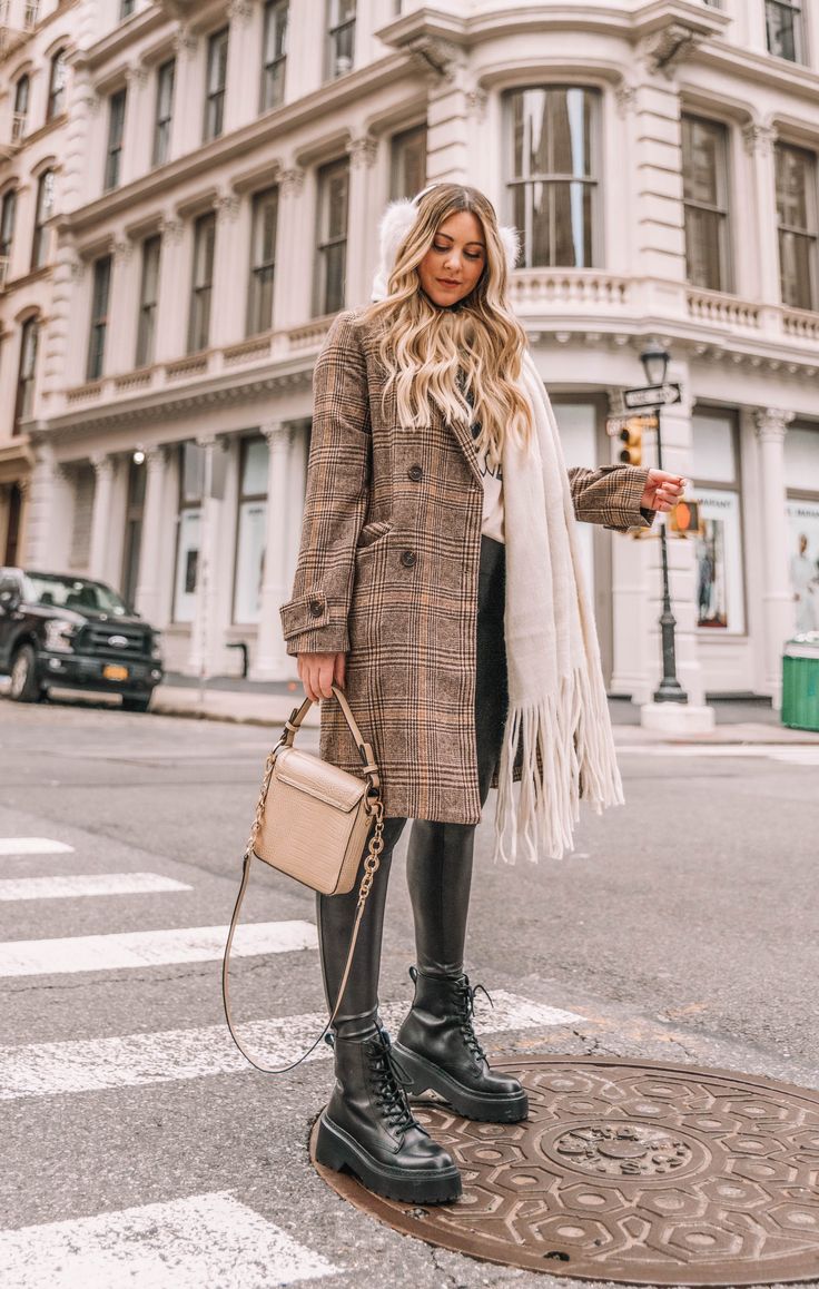 Combat boots and plaid blazer outfit.