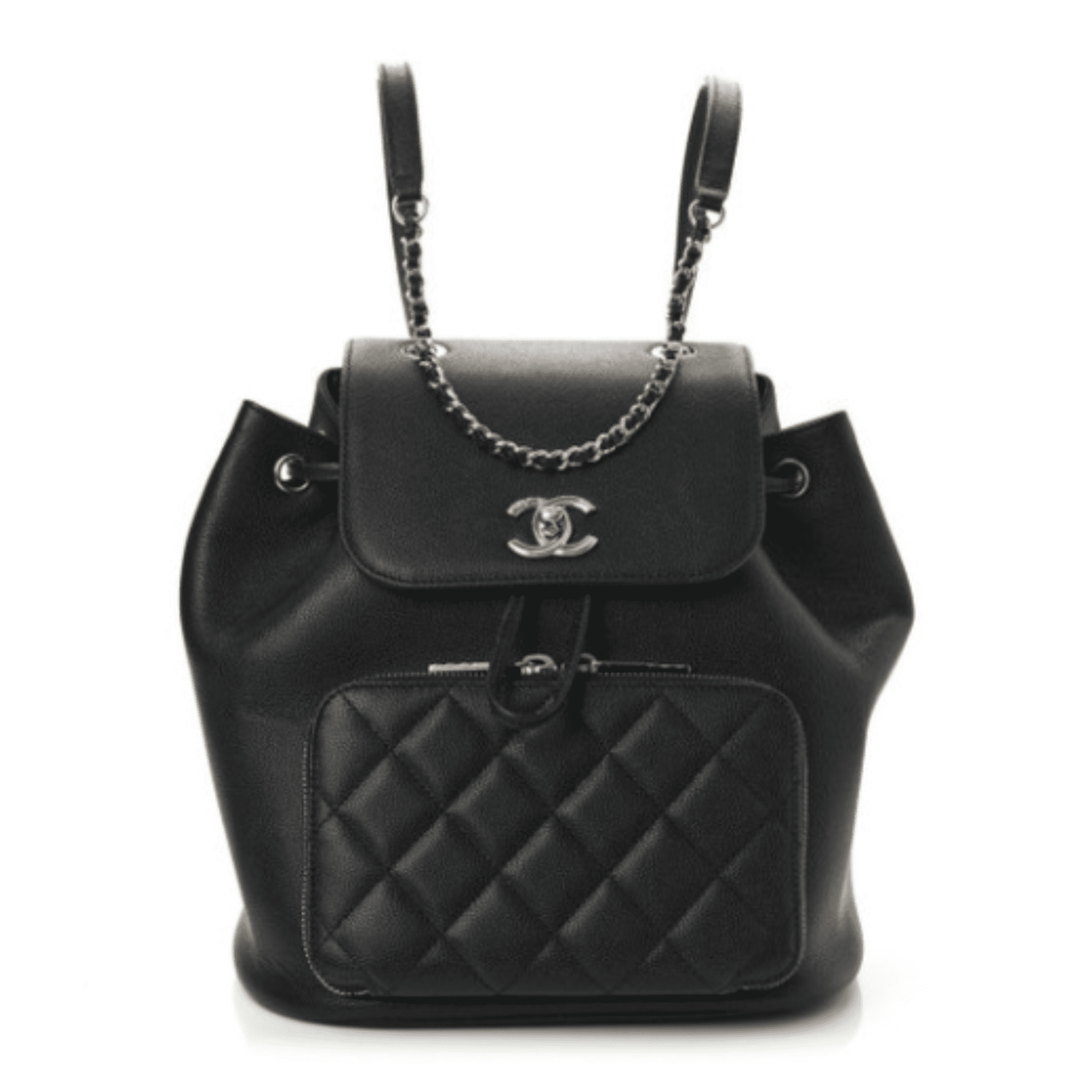 Black and gold Chanel Backpack with front pocket.
