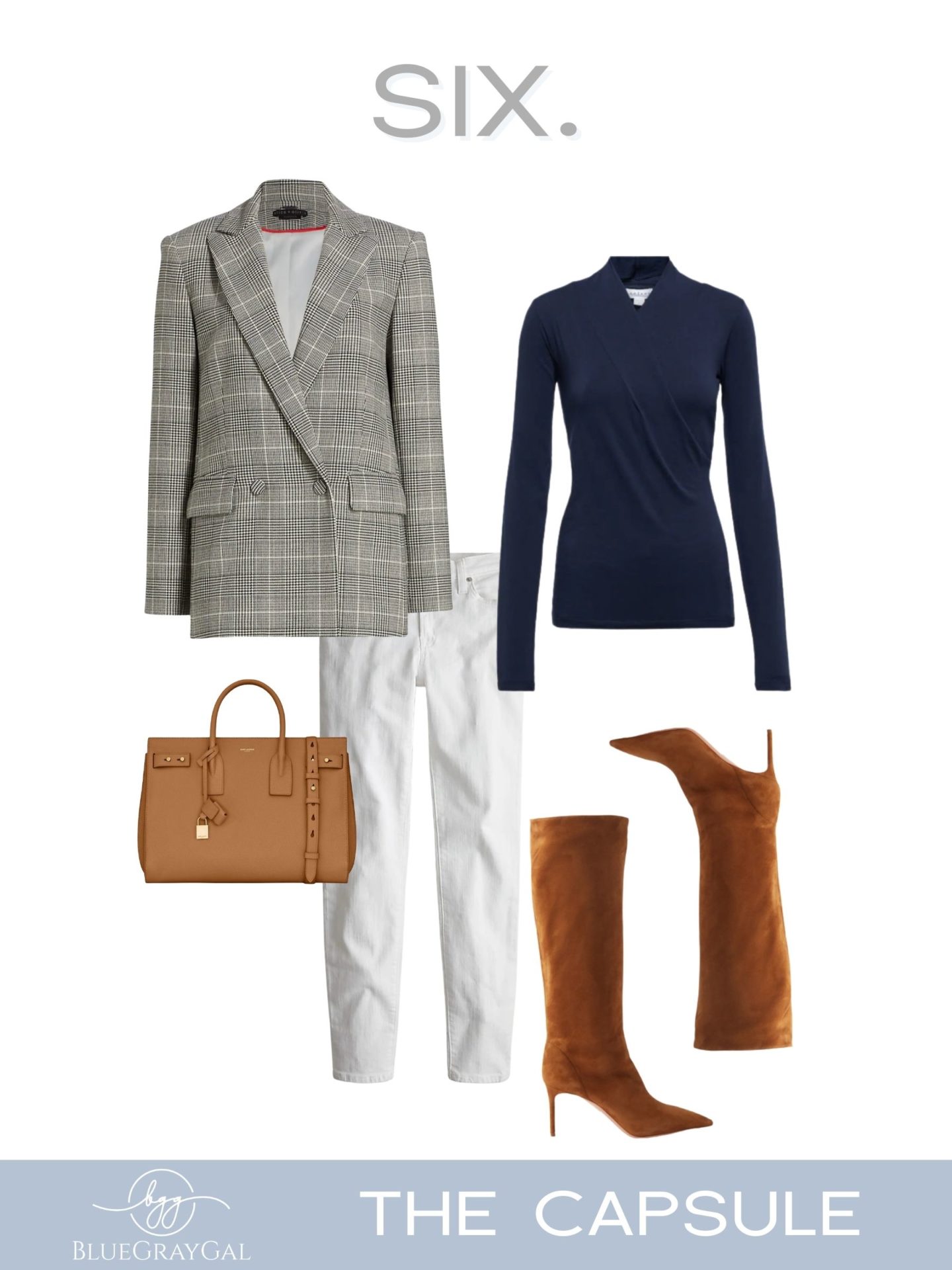A capsule wardrobe for travel to europe with plaid blazer, leather accessories and blue wrap top.
