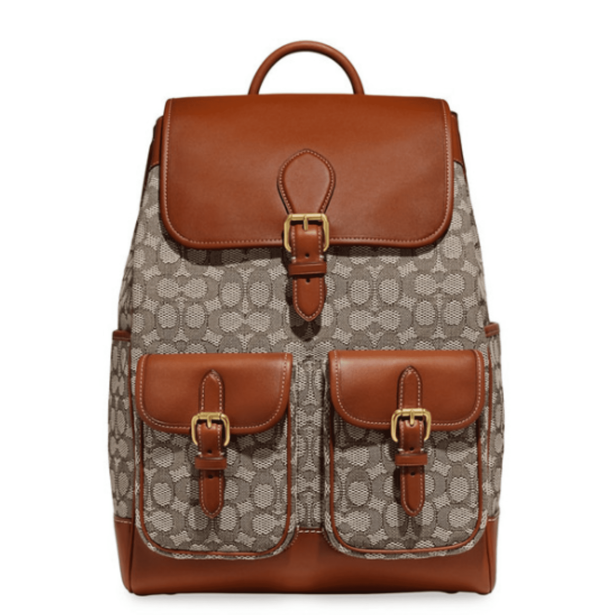 Coach Backpack with brown leather accents and gold buckle pockets.