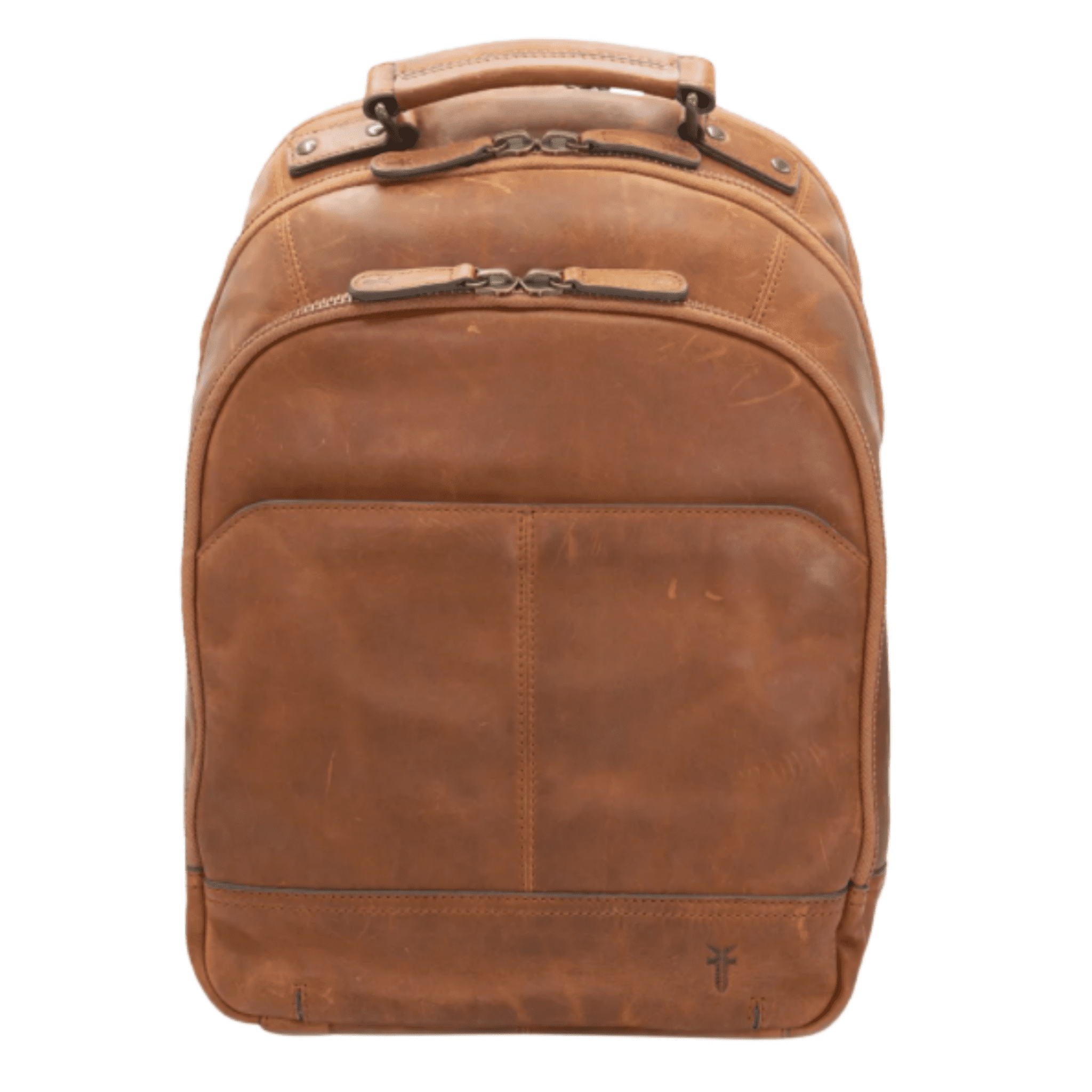 Distressed brown backpack with two zip compartments.