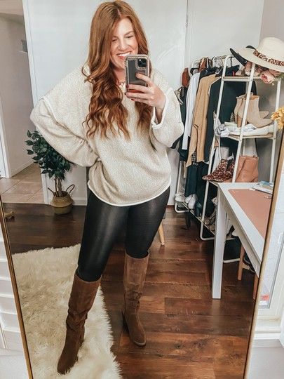 Brown suede boots and leather leggings.