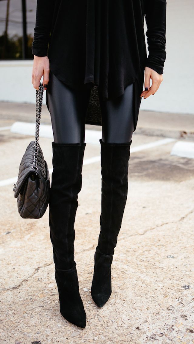 Knee high suede boots and leather leggings.