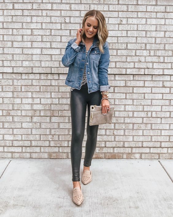 Denim jacket and leather leggings outfit