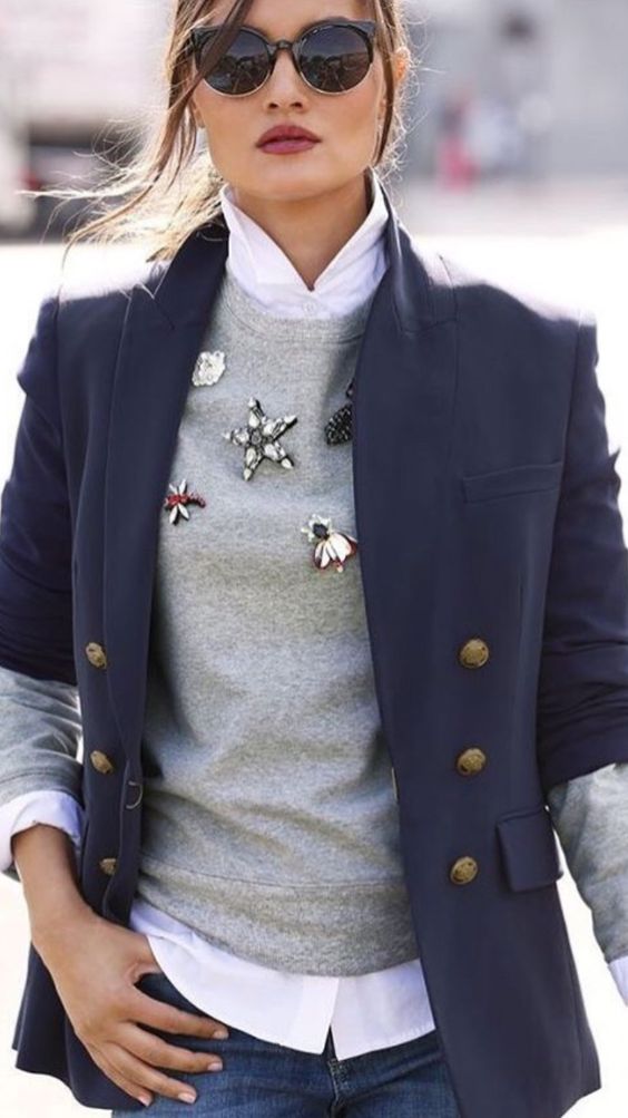 Gray sweater with a blue blazer